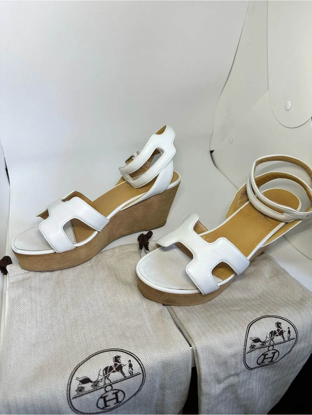 Hermes White Leather Platform Sandals